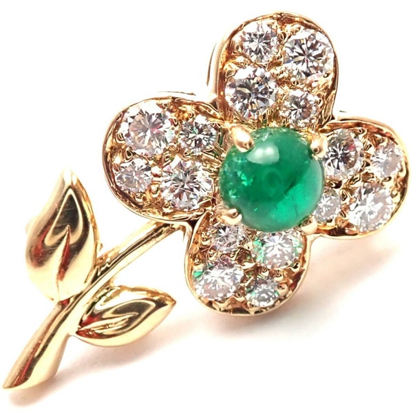 Authentic! Van Cleef & Arpels 18k Yellow Gold Diamond Emerald Flower Pin Brooch