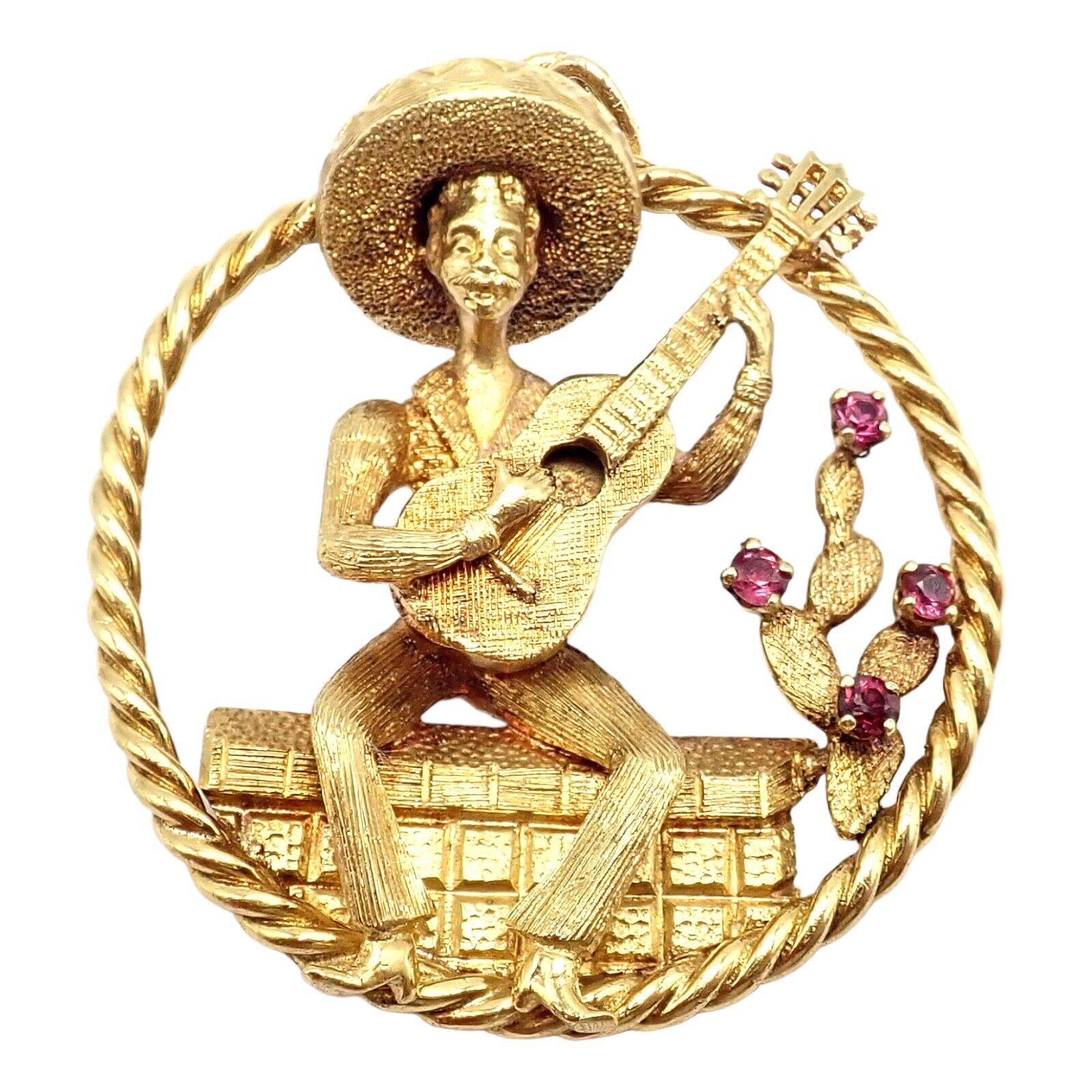 Authentic! Rudi Cherny 18k Yellow Gold Guitar Player Cactus Ruby Pendant