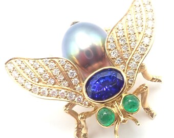 Tiffany & Co 18k Gold Diamond Tahitian Pearl Tanzanite Emerald Fly Pin Brooch