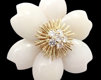 Van Cleef & Arpels Rose de Noel Diamond White Coral Flower Yellow Gold Brooch