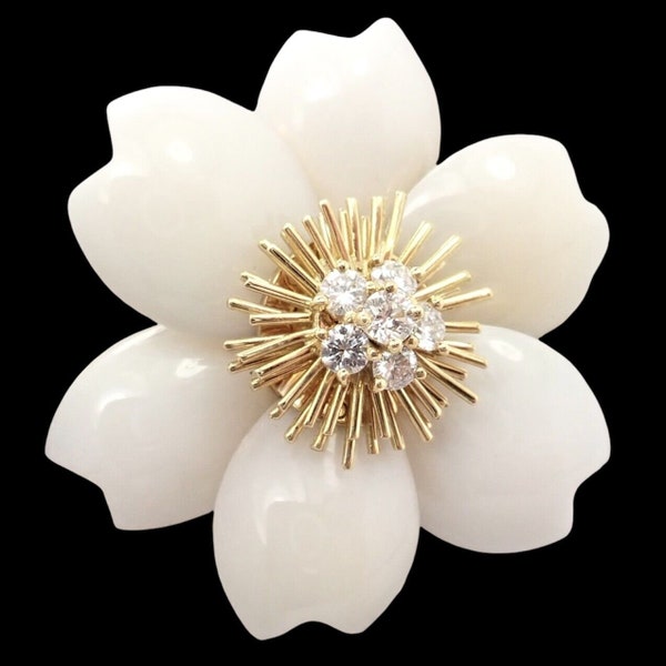 Van Cleef & Arpels Rose de Noel Diamond White Coral Flower Yellow Gold Brooch