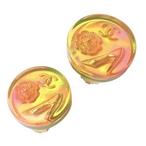 Rare! Vintage Chanel Paris France Holographic Logo Camellia Earrings 1997 Spring