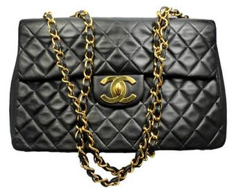1995 Chanel Jumbo XL Maxi Black Quilted Lambskin Single Flap Handbag Purse