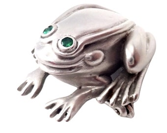 Rare! Authentic Kieselstein Cord 18k White Gold Frog Emerald Brooch 1998