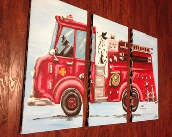 Personalized Popular Large 3 piece Children's Nursery Fire Engine Painting with Dog Wall Art Decor