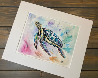 FREE SHIPPING Print from Hand Painted Watercolor 11x14 Unframed Sea Turtle Ocean Portrait Mat illustration Wall Art Colorful gift for her