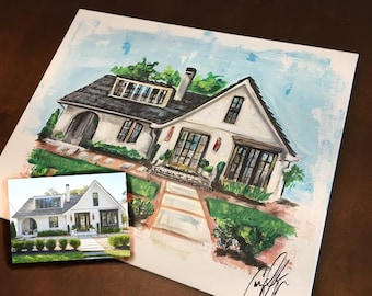 FREE SHIPPING - House Warming gift custom home portrait hand painted from photo canvas personalized Realtor closing gift Christmas Art