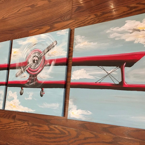 Vintage Biplane Airplane Aviation 3 Piece Large Painting Wall Art Gift For Boys Bedroom Playroom
