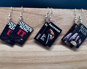 halloween movie earrings, spooky earrings, horror earrings, book cover earrings, lightweight earrings, horror movie jewelry