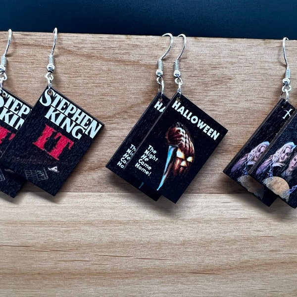 halloween movie earrings, spooky earrings, horror earrings, book cover earrings, lightweight earrings, horror movie jewelry