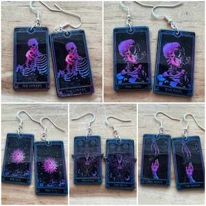 tarot card earrings, dark earrings, witchy earrings, spooky earrings, dark tarot card earrings, unique earrings