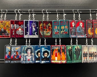 horror movie tarot card earrings, movie tarot cards, tarot card earrings, unique earrings, halloween earrings, horror movie earrings