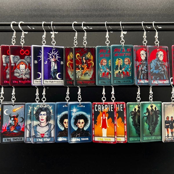 horror movie tarot card earrings, movie tarot cards, tarot card earrings, unique earrings, halloween earrings, horror movie earrings