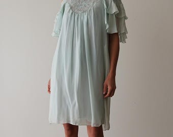 1970s Blue Ruffle Mini Dress - Vintage Open Shoulder Nightdress