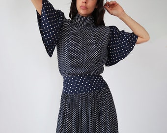 Silk Polka Dot Dress // 1980's Silk Polka Dot Print Butterfly sleeve Dress // Small Vintage Dress