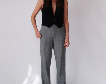 Vintage 1980s Plaid Trousers: High Waist Grey Pants (26 Inch Waist)