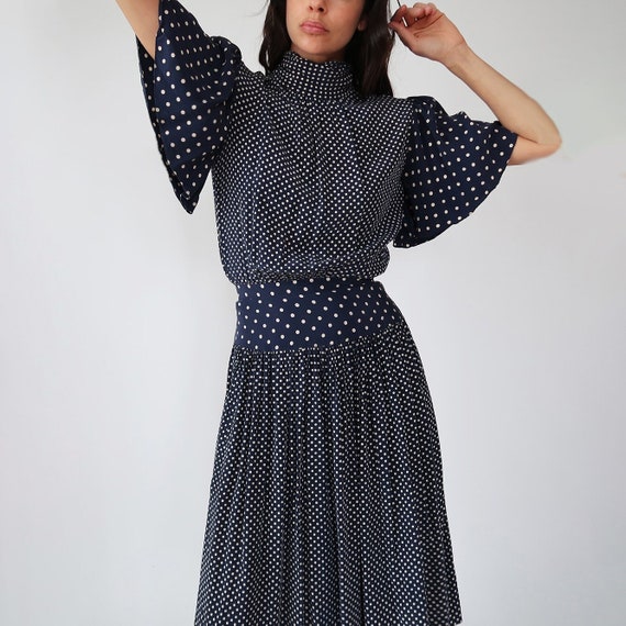 Silk Polka Dot Dress // 1980's Silk Polka Dot Pri… - image 1