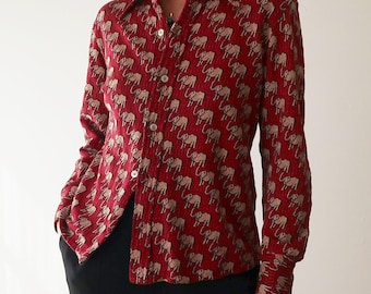 Vintage 1970s Elephant Print Button Up Shirt // Small Red Bohemian Knit Blouse