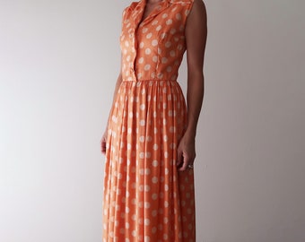 Silk Polka Dot Dress // 1970's Orange Polka Dot Maxi Dress // Vintage Small/Medium Dress