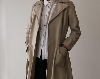 Vintage 1960s/1970s Cream Leather Jacket // Small Off White Belted Leather Jacket