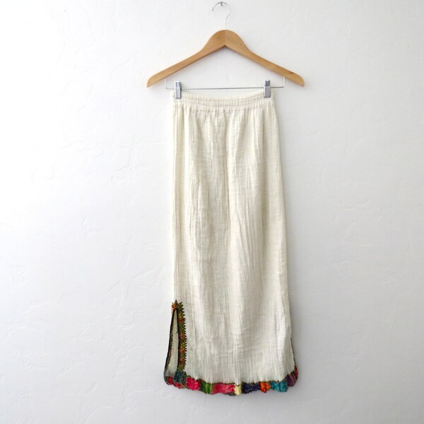 White Maxi Skirt with Colorful Hem // Bohemian Maxi Skirt // Small Boho