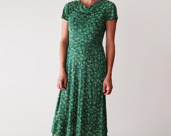 Green Print 1940's Dress // 40's Day Dress // Small Vintage Dress