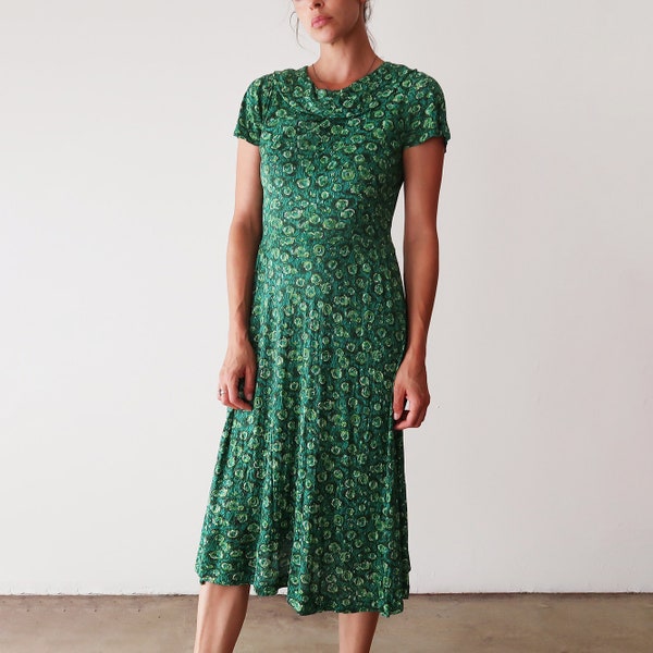 Green Print 1940's Dress // 40's Day Dress // Small Vintage Dress