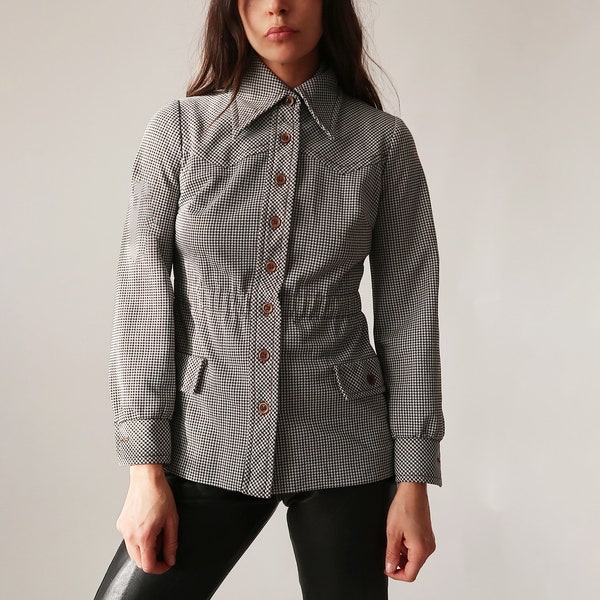 Houndstooth Riding Shirt // 1970's English Style Preppy Shirt // Extra Small Long Sleeve