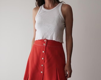 Vintage 70s Mini Skirt: Red Orange Button-Up, 24" Waist