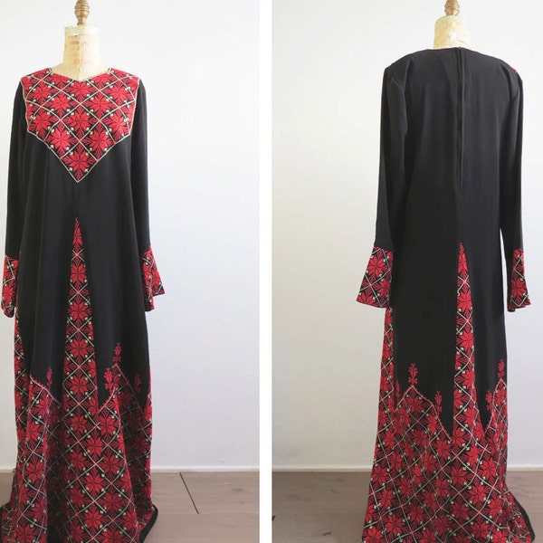 Black Embroidered Maxi Dress // Medium to Large 1970s Bohemian Dress // Vintage Womens Clothing