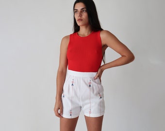 1960's French Cotton Shorts // 24 inch waist White Shorts // Small Print Bottoms