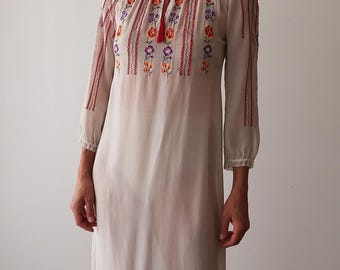 Vintage 1970s Sheer Embroidered Dress // Small Off White Folk Dress