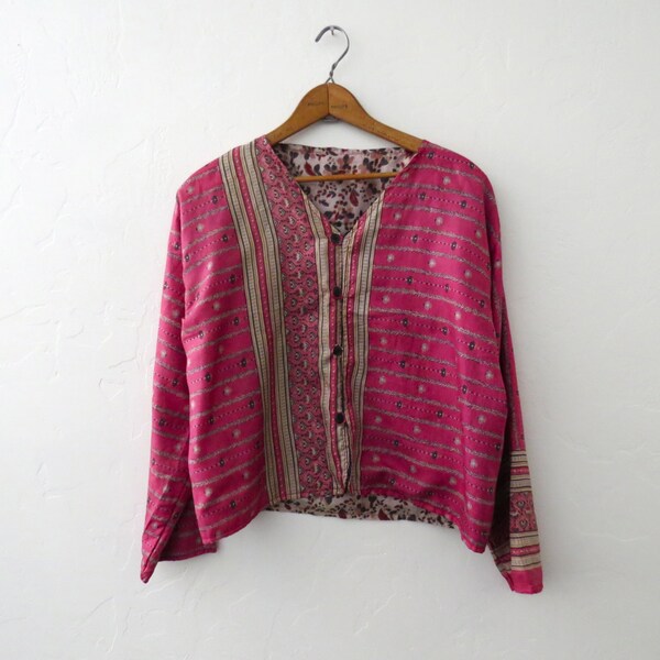 Pink Silk Print Blouse // Medium Reversible Button Down Blouse