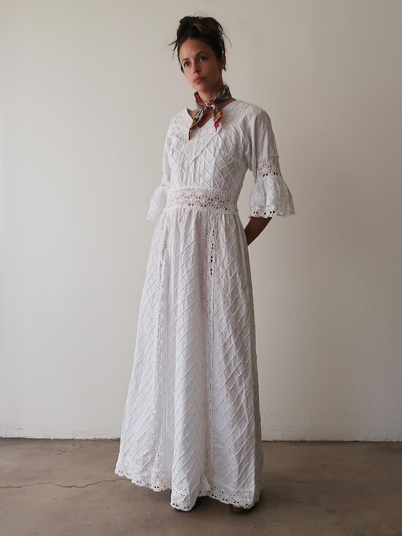 Vintage 1970s White Mexican Cotton Maxi Dress with Crochet Lace