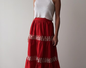 Vintage 1960s Red Embroidered Folk Skirt, Extra Small