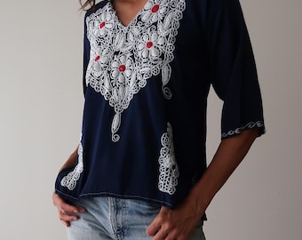 Vintage 1970's embroidered Mexican Shirt // Small Dark Blue Three Quarter Sleeve Shirt