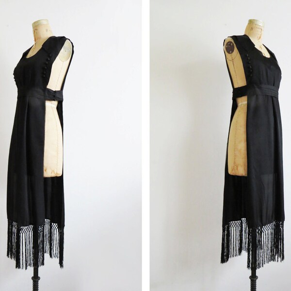 Black Edwardian Tabard Dress with Fringe // Medium 1910s Over-Dress // Vintage Antique Women's Clothing