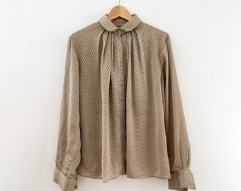 Puff Sleeve Blouse // 1970's Taupe Beige Blouse // Medium Vintage Button Up Blouse
