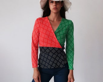 Color Block Wrap Blouse // 1970's Small Wrap Top // 70's Vintage Top