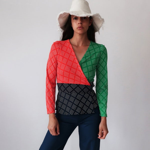 Color Block Wrap Blouse // 1970's Small Wrap Top // 70's Vintage Top