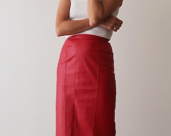 1980s Vintage Red Leather Pencil Skirt - Extra Small