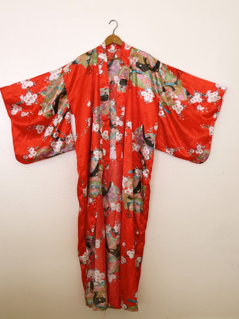 Japanese Red Silk Kimono Robe Etsy