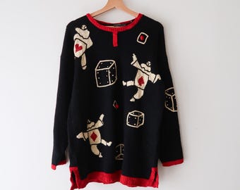 Vintage 1980's Pullover Sweater Dice Novelty Print // Black and Red Medium Knit Acrylic Card & Dice Sweater