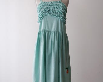 Vintage 1970's Cotton Embroidered Summer Orchard Dress // Turquoise Blue Medium Ruffle Dress