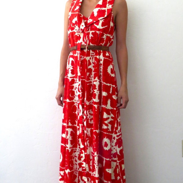 Red and White Print Maxi Dress // Small 1970s Full Length Dress // "Ink Blot" Print 70s Dress