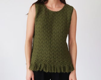 Vintage gebreide top met franjes uit de jaren 60: mosgroene mouwloze wol