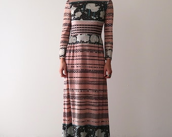 Vintage 1970's Striped Pink Maxi Dress // 70's Small Glittery Party Dress