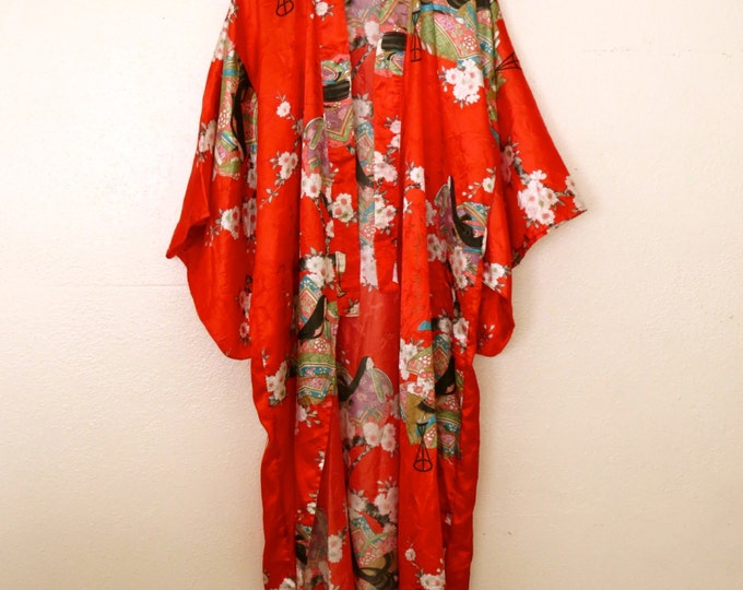 Japanese Red Silk Kimono Robe Etsy