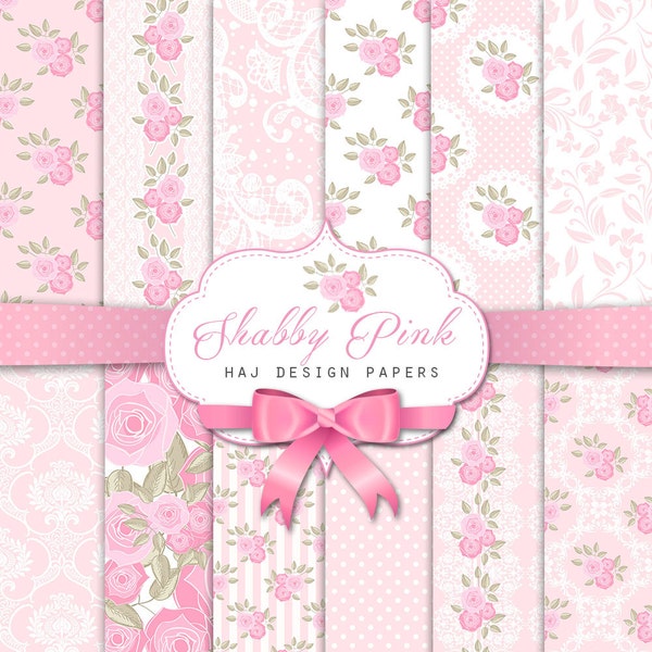 Shabby chic digital paper : "SHABBY PINK" pink and white digital paper in shabby chic style, rose digital paper, floral digital paper