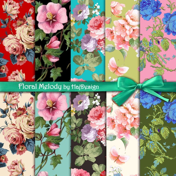Floral digital paper : "FLORAL MELODY" vintage flowers, digital clip art papers, floral patterns,  floral background, decoupage paper